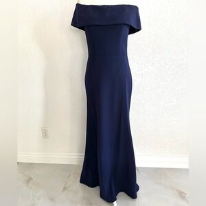 Betsy & Adam Navy Blue Off-Shoulder Ruffle Back Mermaid Gown